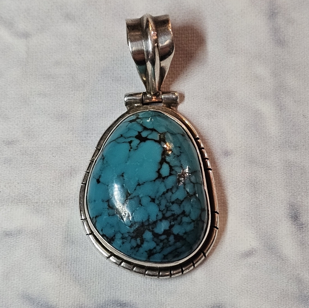 Turquoise Sterling Silver 935 Abstract Shaped Pendant Genuine Stone